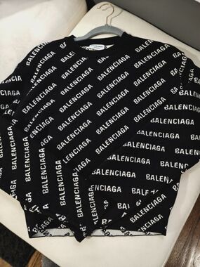 Authentic Balenciaga Black Crewneck Logo Knit Sweater  White Allover Branding
